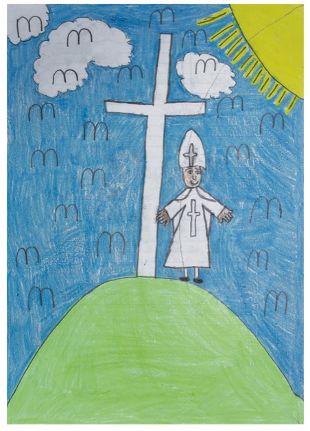 Drawing of Pope Francis atop an Irish hill next to a cross in the bright sunshine